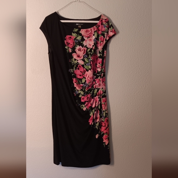 Anne Klein Asymmetrical Dress with Black and Pink Floral Design - Picture 1 of 5